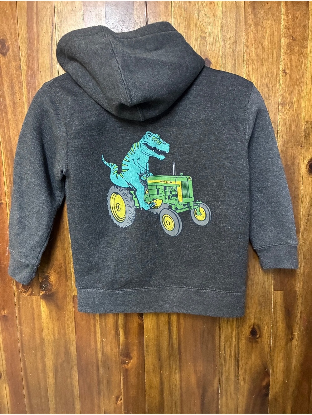 John Deere Kids 5/6 T-Rex Tractor Zip Hoodie Dinosaur Farmcore Graphic Gray